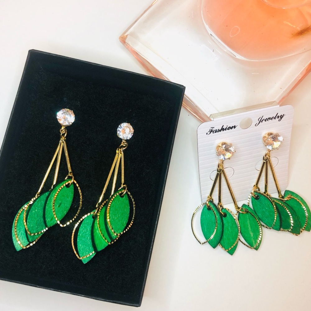 Painted Wood & Rhinestone Goldtone Earrings